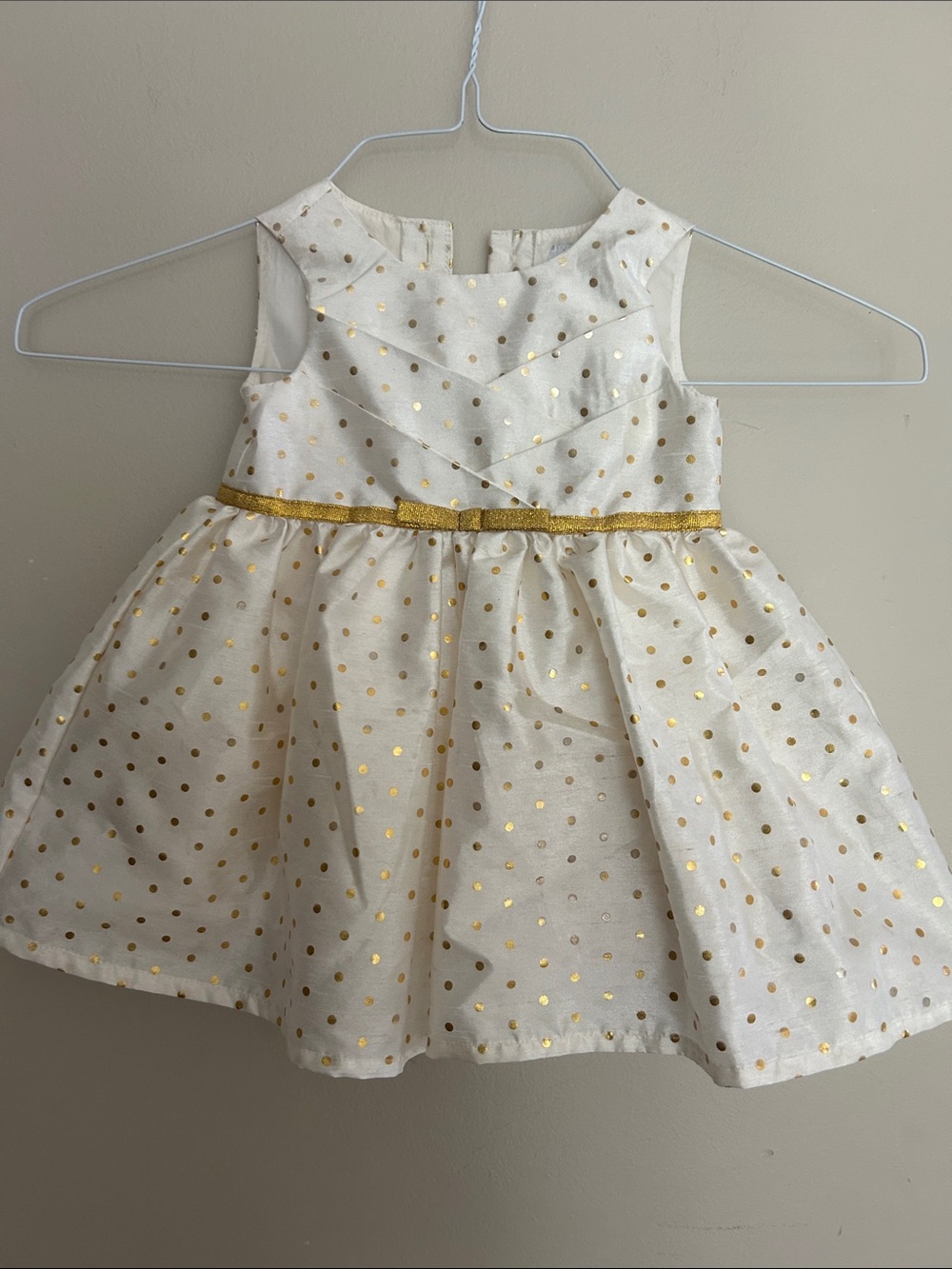 Girls White Party Dress with Gold Polka Dots and Gold Waist Trim